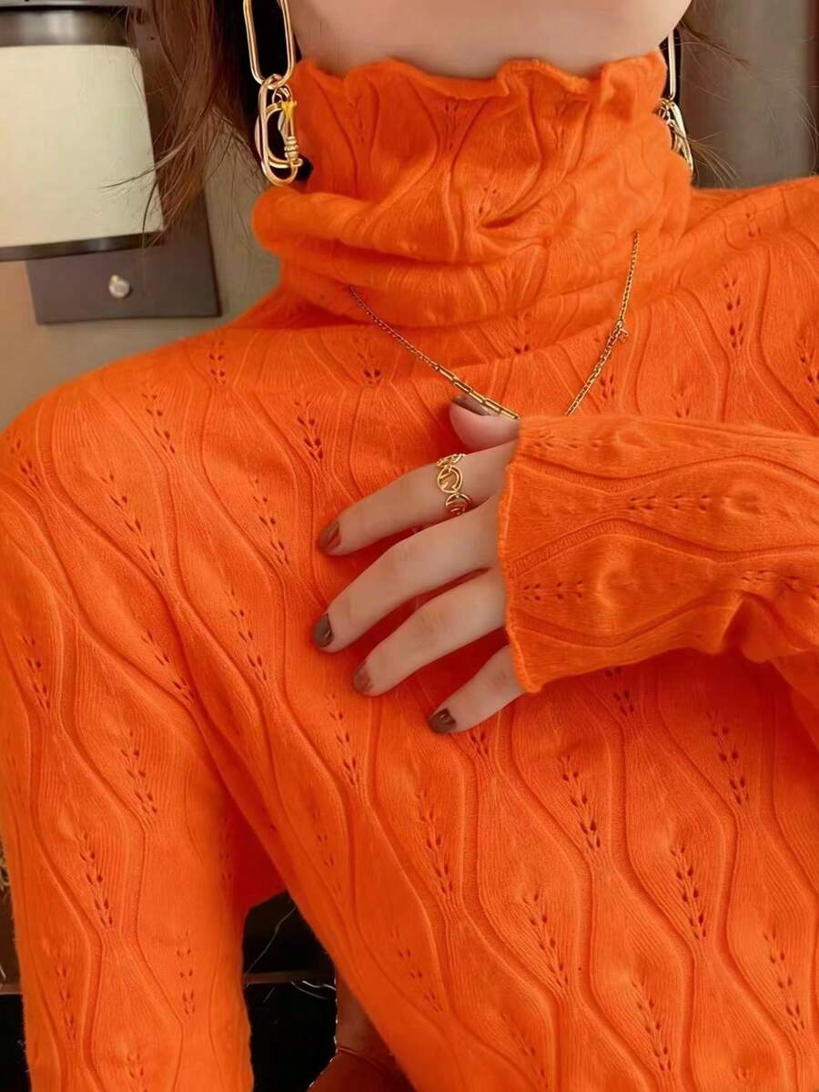 INAWLY 女士休闲通勤高领镂空针织毛衣，秋冬款 - 橘色 - 查看 1