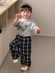 2pcs/Set Baby Boys' Round Neck Printed Casual T-Shirt And Plaid Casual Pants Set Summer - Grey - View 7