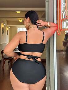 Swim SXY Ensemble de bikini noir unicolore 2 pièces grande taille amincissant avec accent en métal doré, ensemble de bikini triangle à taille haute, tenue de vacances décontractée et pour un port quotidien - Noir - Voir 2