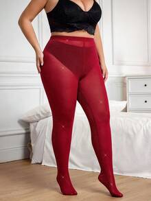 Hourglow 2026新年/情人节特惠大码女式纯色弹力腰带透视网纱丝袜，适合沙漏型身材 - 酒紅色 - 查看 4