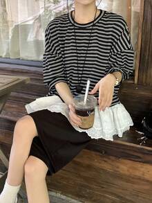 DAZY Women's Round Neck Striped Casual Summer Korean Style Contrast Color Ruffle Trim T-Shirt - Black - View 9