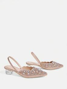 CUCCOO TILAWA Women's Fashionable & Elegant Crystal Heel, Rhinestone Pointed Toe Laser Cut Champagne High Heel Pumps, Suitable For Banquet, Party And Other Occasions Valentine's Day - Champagne - View 4