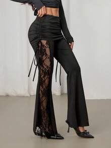 SHEIN PETITE 女士黑色蕾丝侧拼接腰部抽绳喇叭裤，性感度假风 - 黑色 - 查看 5