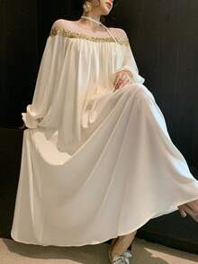 DAZY 女士优雅拼接亮片直筒宽松白色中长连衣裙，秋季婚礼宾客礼服/吊带裙 - 米色 - 查看 11