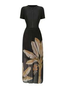 Swim Shayni Black Banana Leaf Print Fitted Dress With Elegant Resort Short Sleeve Zipper Splice Women's Burqini Dress Set - Multicolor - View 3