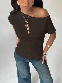 Aloruh 女士纯色斜肩褶皱设计时尚衬衫 - 咖啡棕 - 查看 3