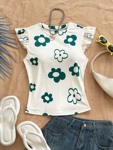 Soleia Áo thun nữ cổ tròn in hoa, tay bồng, kiểu dáng thường ngày. - Nhiều màu - Xem 3