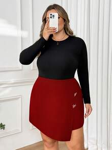 SHEIN CURVE+ Shorts de mujer talla grande con lazo, decoración de diamantes, shorts asimétricos de base de amor/amor negro de San Valentín - Burdeos - Ver 3