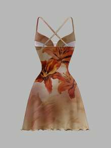 SHEIN SXY Đầm ngắn không tay cổ xếp ly in hoa màu cam dành cho nữ mùa hè, đầm đi nghỉ mát, đầm đi biển. - Nhiều màu - Xem 3