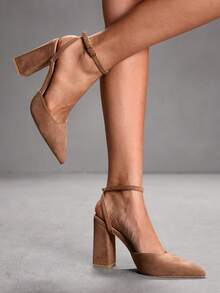 CUCCOO SZL 女鞋粗跟踝带简约百搭派对宴会日常尖头高跟鞋 - 駝色 - 查看 3