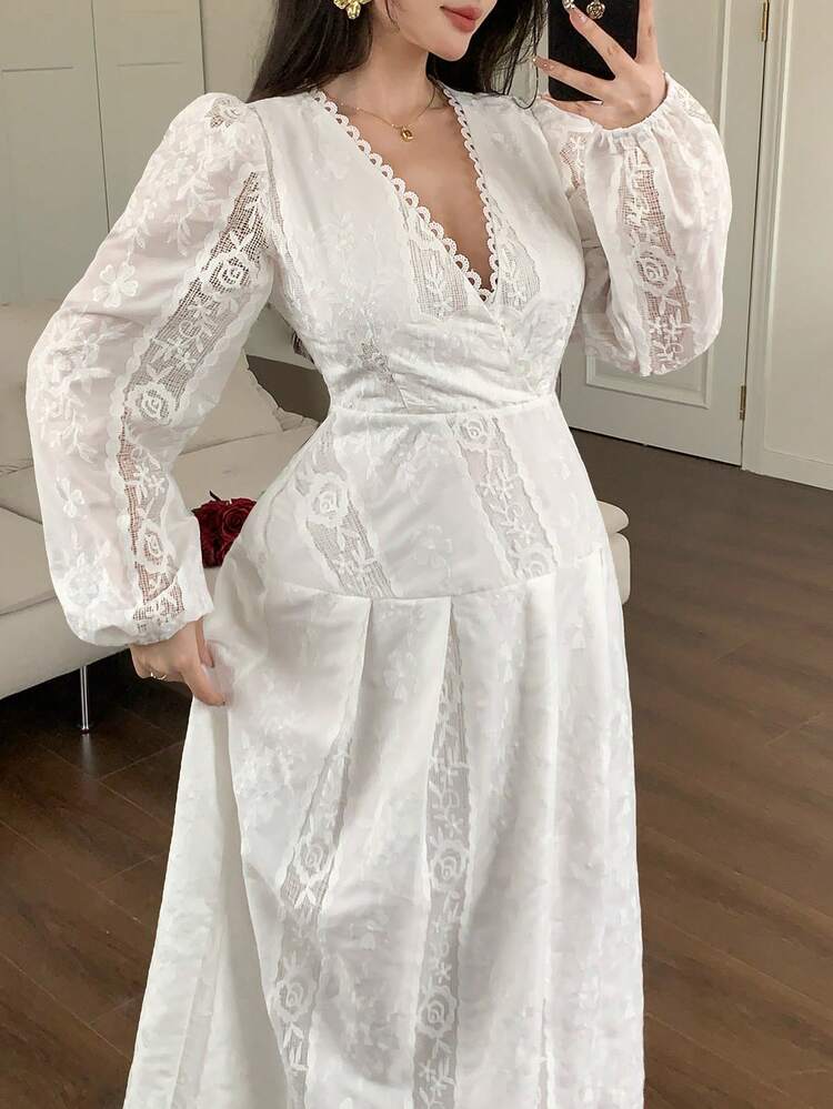 Spring & Summer V-Neck Lace Jacquard Elegant Slim Waist Casual Vacation White Midi Dress For Women Wedding Guest Dress Sundress