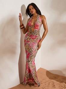 Opulessa Knitted Mesh Printed Halter Backless Fitted Dress For Women Suitable For Beach Vacation,Casual,Vacation,Vacation Outfits Women,Vacation,Summer Holiday Outfits ,Holiday Outfits For Women,Holiday,Vacation Outfits For Women,Vacation Dress,Elegant,Going Out,Party,Beach,Beach Shorts,Beach Outfits For Women,Beach Skirt,Beach Set,Beach Outfit,Beach Outfit For Women,Summer,Summer Clothes,Summer Holiday Outfits,Flower,Graphic - Hot Pink - View 2