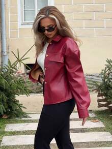 Jeta Ari Women's Plain PU Leather Drop Shoulder Long Sleeve Short Jacket, Autumn/Winter - Burgundy - View 3