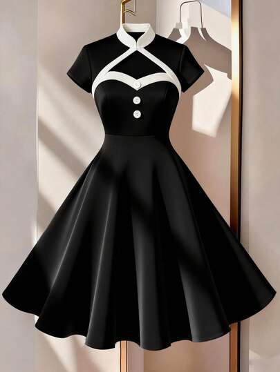 GlowEve CURVE Plus Size Contrast Trim Hollow Out Elegant Short Sleeve Dress