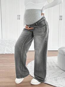 SHEIN Quần jean ống rộng thoải mái, hỗ trợ bụng bầu, thích hợp mặc hàng ngày đi làm. - Màu Xám nhạt - Xem 3