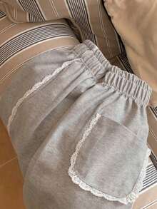 DAZY 女士弹力腰带撞色蕾丝宽松长款运动裤，休闲运动，四季皆宜 - 灰色 - 查看 1