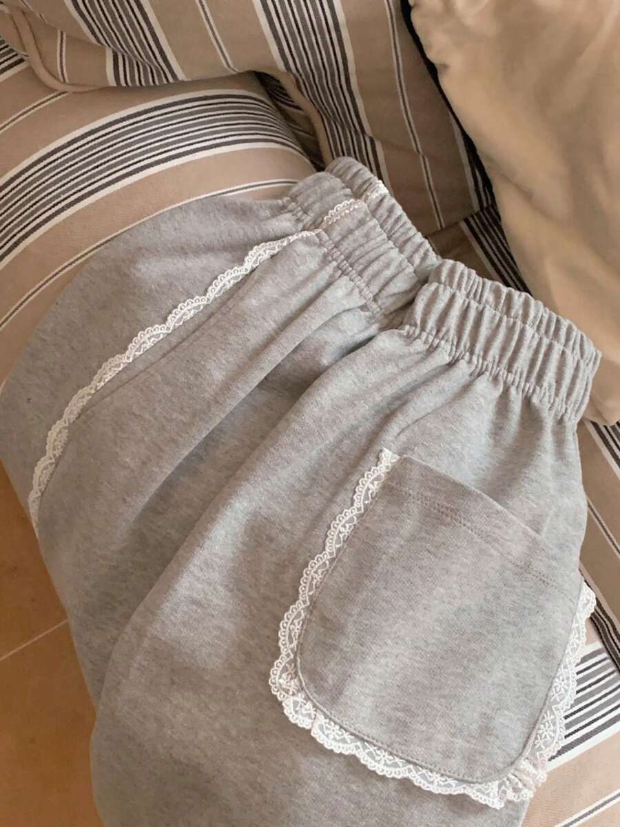 DAZY 女士弹力腰带撞色蕾丝宽松长款运动裤，休闲运动，四季皆宜 - 灰色 - 查看 1