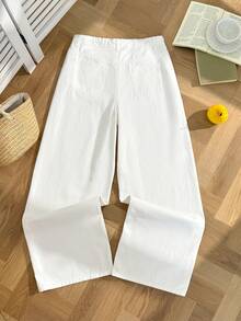 Comfortcana 女士休闲纯色抽绳腰牛仔裤 夏季春季女士沙滩裤 生日礼物 度假礼物 女士休闲牛仔裤 Y2K 白色裤子 女士白色阔腿牛仔裤 高腰宽松休闲牛仔裤 - 白色 - 查看 2