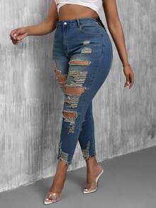 SHEIN SXY Quần jean skinny co giãn rách rưới thời trang mùa hè cỡ lớn - Rửa trung bình - Xem 4