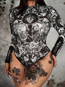 Whyspr Áo liền thân cỡ lớn cổ tròn tay dài chất liệu lưới in họa tiết, phong cách retro punk goth thanh lịch, phù hợp cho Halloween và kỳ nghỉ. - Đen và trắng - Xem 5