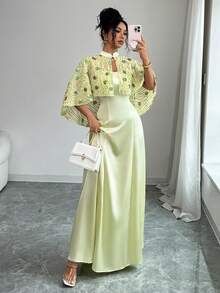 SHEIN Clasi 女士新款优雅串珠刺绣花卉吊带裙两件套 - 綠色 - 查看 3