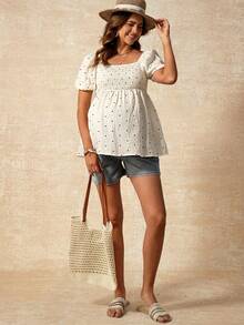 Boho Mama 孕妇波点印花休闲套头短袖衬衫 - 杏色 - 查看 5