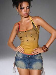 Y2Kool Y2K风格性感都市时尚简约女式彩色渐变铆钉露背紧身吊带上衣，适合外出、旅行、约会、派对、假期、情人节、春夏、春季女性生日、嘉年华等场合。 - 黑色 - 查看 1