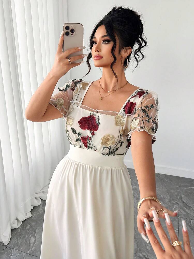 Elenzga Vestido de manga abullonada con cuello cuadrado, cintura ceñida y bordado floral elegante y romántico en malla para mujer de talla grande, para primavera/verano - Blanco - Añade 8