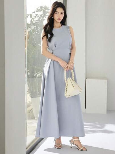 Heiryn Women's Elegant Solid Color Waist Tie Sleeveless Dress