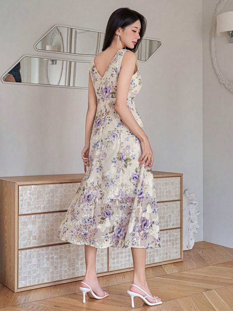 Women's Elegant Floral Print V-Neck Sleeveless Dress, Summer Wedding Guest Dress Sundress