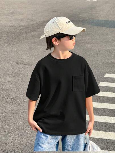 SHEIN Tween Boy Casual Waffle Texture Pocket Short Sleeve Crew Neck T-Shirt, Comfortable, Fashionable, Minimalist, Versatile, Soft, Suitable For Spring/Summer, Everyday Wear, Outdoor Activities, School, Street Style, Party, And Leisure