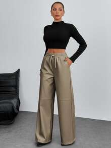 EURMUSE Solid Color, Pu Leather, Elastic Waist, Drawstring, Straight Fit Pants - Mocha Brown - View 3