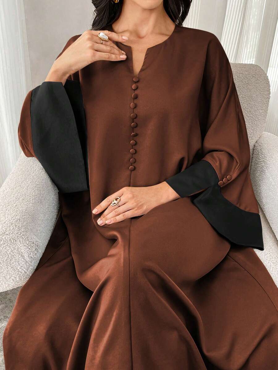 Al Najma Váy Maxi Ả Rập tay loe cổ chữ V màu tương phản cho nữ, váy dài tay kín đáo phong cách thanh lịch cho tiệc thường ngày/ngày lễ/buổi tối/khách dự tiệc cưới - màu đen - Xem 1