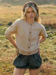 WESTFADE Round Neck Button Front Half Sleeve Loose Fit Mixed Stitch Cardigan Sweater - Apricot - View 6