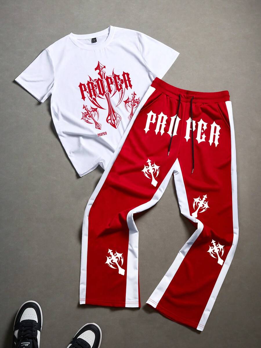 PAVTROS Ensemble t-shirt à manches courtes avec imprimé croix et lettres, et pantalon long avec cordon de serrage à la taille contrastant, pour homme. Convient pour le printemps, l'été et l'automne. - Multicolore - Voir 1