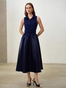 MOTF PREMIUM WOMEN'S HIGH-END SATIN TAFFETA COMMUTER TURNDOWN COLLAR SLEEVELESS TIE-UP COLLECTED BLUE MID-LENGTH DRESS - Royal Blue - View 4