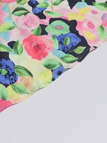SHEIN Franclia 花卉印花装饰，浪漫假日度假风格女士V领荷叶袖衬衫 - 彩色 - 查看 6