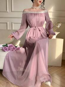 DAZY Elegant Off-Shoulder Midi Dress, Fitted Waist, Shiny Rhinestone Decor, Suitable For Valentine's Day, Wedding, Party, Formal Occasions, Spring/Summer Sundress - Purple - View 7