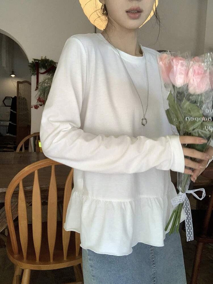 Women's Round Neck Solid Color Korean Style Ruffle Trim Casual Long Sleeve T-Shirt