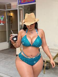 Swim SXY Plus Size Women Fish Scale Wave Faux Pearl Starry Sky Beach Resort Bikini Set - Blue - View 3