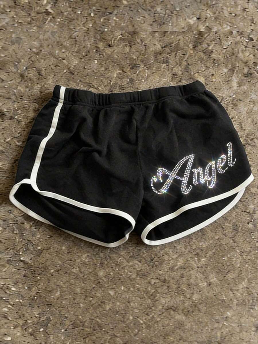 Glimmora Y2K 女士天使水钻闪亮短裤，女士休闲短裤，适合夏季外出、派对和日常穿着 - 黑色 - 查看 1