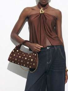 Maija Damskie, torebki z uchwytem u góry, zamszowe, torebka zamszowa, retro, nity, vintage, modne, eleganckie, proste, spersonalizowane, uniwersalne, klasyczne, do pracy, do biura, na randkę, na co dzień, na zakupy, na popołudniową herbatę