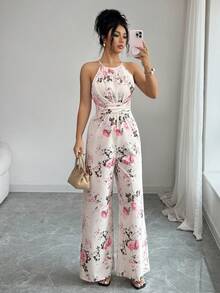 SHEIN Elenzya 女士流行玫瑰印花露背扭结褶皱连体裤，优雅时尚休闲连体裤，适合日常和户外穿着，夏季 - 彩色 - 查看 4