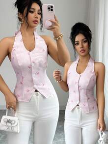 SHEIN Elenzya Áo tank top không tay ôm sát in họa tiết nơ và sọc dành cho nữ - Hồng - Xem 4