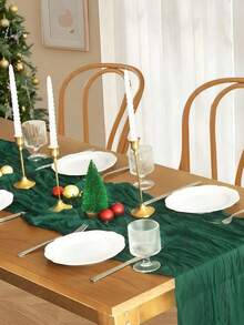 1pc Pleated Cheesecloth Table Runner, Suitable For Wedding, Bridal, Birthday Party Long And Round Dining Table Centerpiece Decor - Christmas Green - View 5