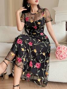 DAZY 女士优雅印花圆领泡泡袖连衣裙，夏季婚礼宾客礼服 - 黑色 - 查看 1