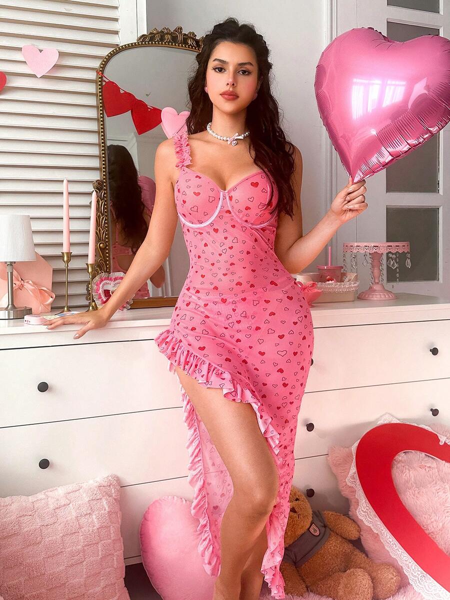 PetitDoll Valentine's Day Heart Print Mesh Steel Hoop Side Slit Ruffle Hem Sexy Nightgown + G-String 2pcs Set For Women - Pink - View 1