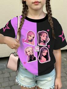 Young Girl Casual Fashionable Creative Personalized Refreshing Minimalist Cool Virtual Girl Group Pentagram Heart Purple Mix Black Graphic Tee, Comfortable Daily Wear, Cozy Summer & Fall Styles Suitable For Spring, Summer, Autumn Graphic Girl Shirts Anime Girl Shirt Tv Girl Shirt Merch Star Girl Shirt - Multicolor - View 4