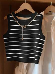 GlowEve Women's Casual Everyday Office Commute Contrast Stripe Print Tank Top, Summer - Black - View 3
