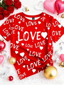 Manfinity Homme Unisex Valentine's Day LOVE + Heart Graphic Fully Allover Print Red Short Sleeve Crew Neck T-Shirt- Red Heart Red Graphic Tees - Multicolor - View 3